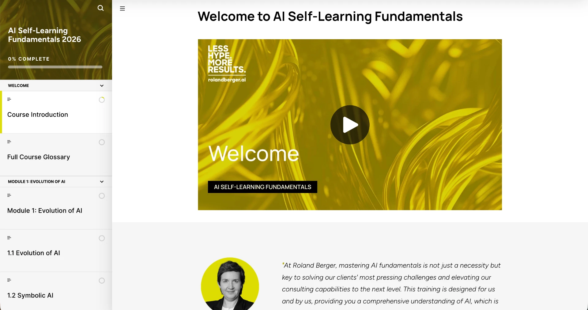 Roland Berger AI Self-Learning Fundamentals course welcome screen with video introduction